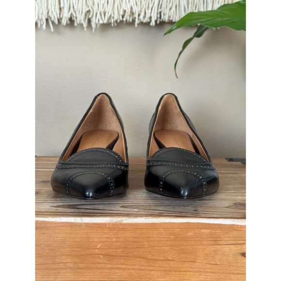 AERIN Pythian Black Genuine Leather Brogue Pointy Toe Kitten Heels  Pumps Size 9 - Picture 3 of 14